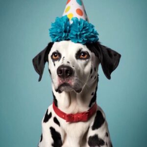 Dalmation Dog wearing a Party Hat