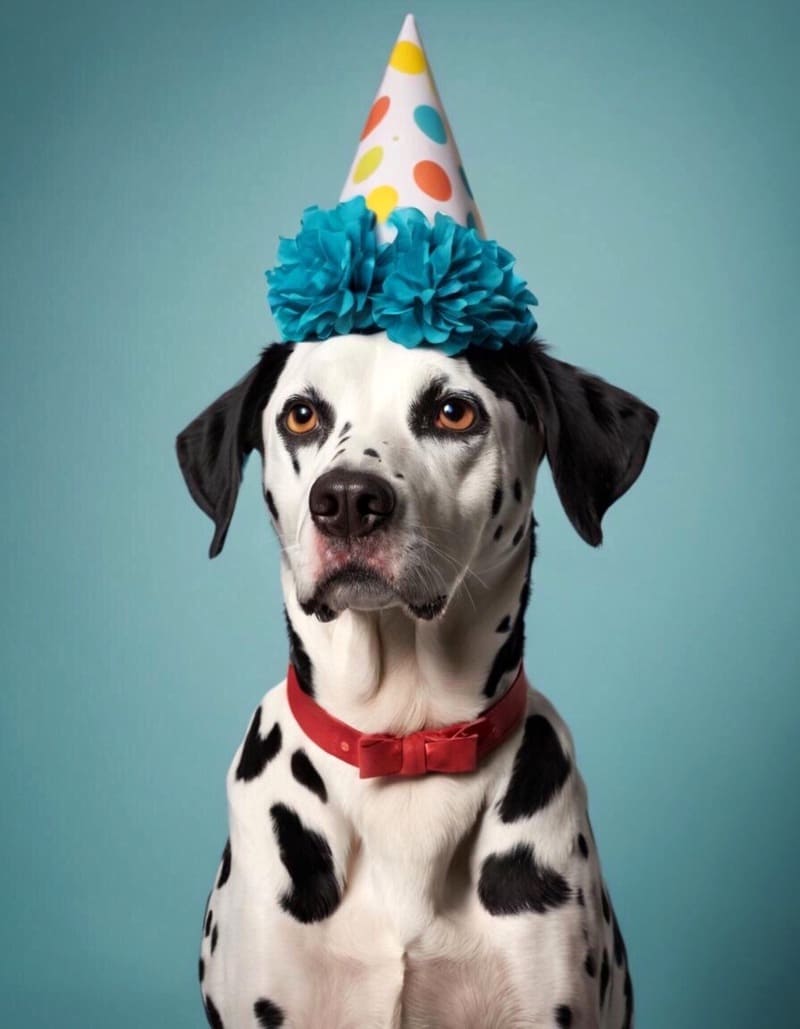 Dalmation Dog wearing a Party Hat