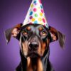 Doberman wearing a Party Hat