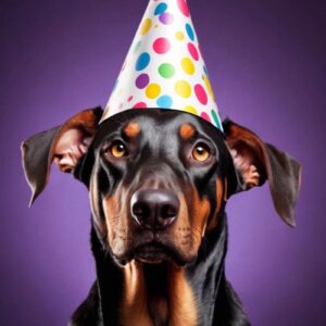 Doberman wearing a Party Hat