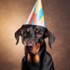 Doberman Dog wearing a Party Hat