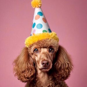 Poodle Dog Wearing a Party Hat