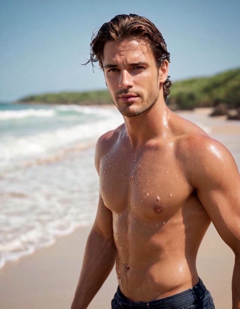 Topless Man wearing Jean on Beach FX STOCK PHOTOGRAPHY IMAGE
