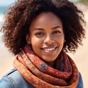 Woman In Scarf & Denim at the Beach