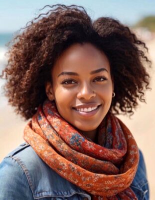Woman In Scarf & Denim at the Beach